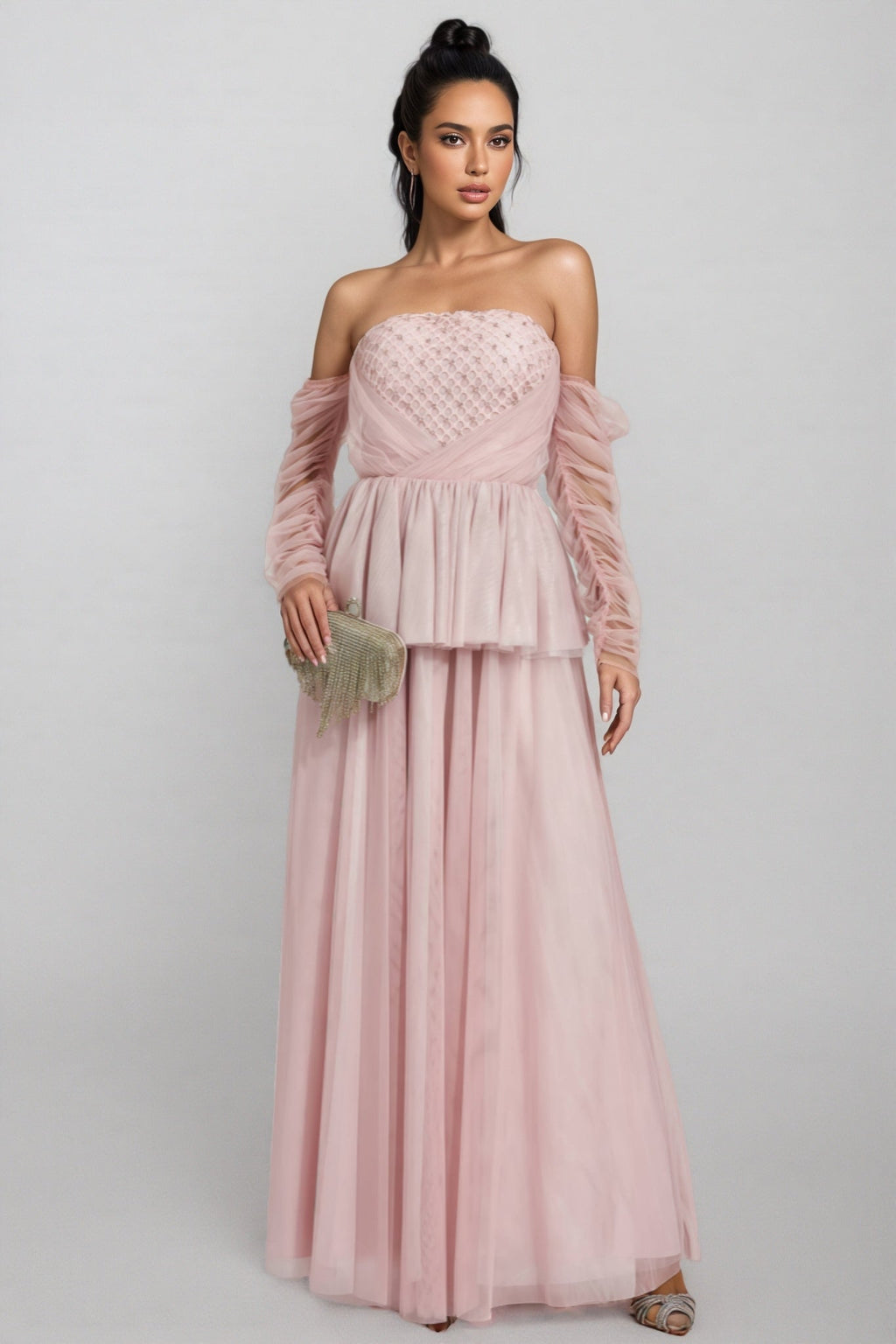Xedand Pink Mesh Off Shoulder Maxi Dress