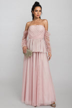 Xedand Pink Mesh Off Shoulder Maxi Dress