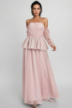 Xedand Pink Mesh Off Shoulder Maxi Dress