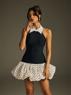 Folded Collar Dot Bandage Mini Dress