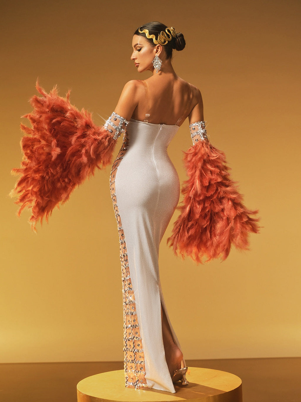 Feather Bell Sleeve Embellished Maxi Dress