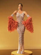 Feather Bell Sleeve Embellished Maxi Dress
