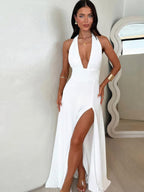 Fabiola Minimalist Deep V Neck Strappy Dress with Slit Evening Wear Edit