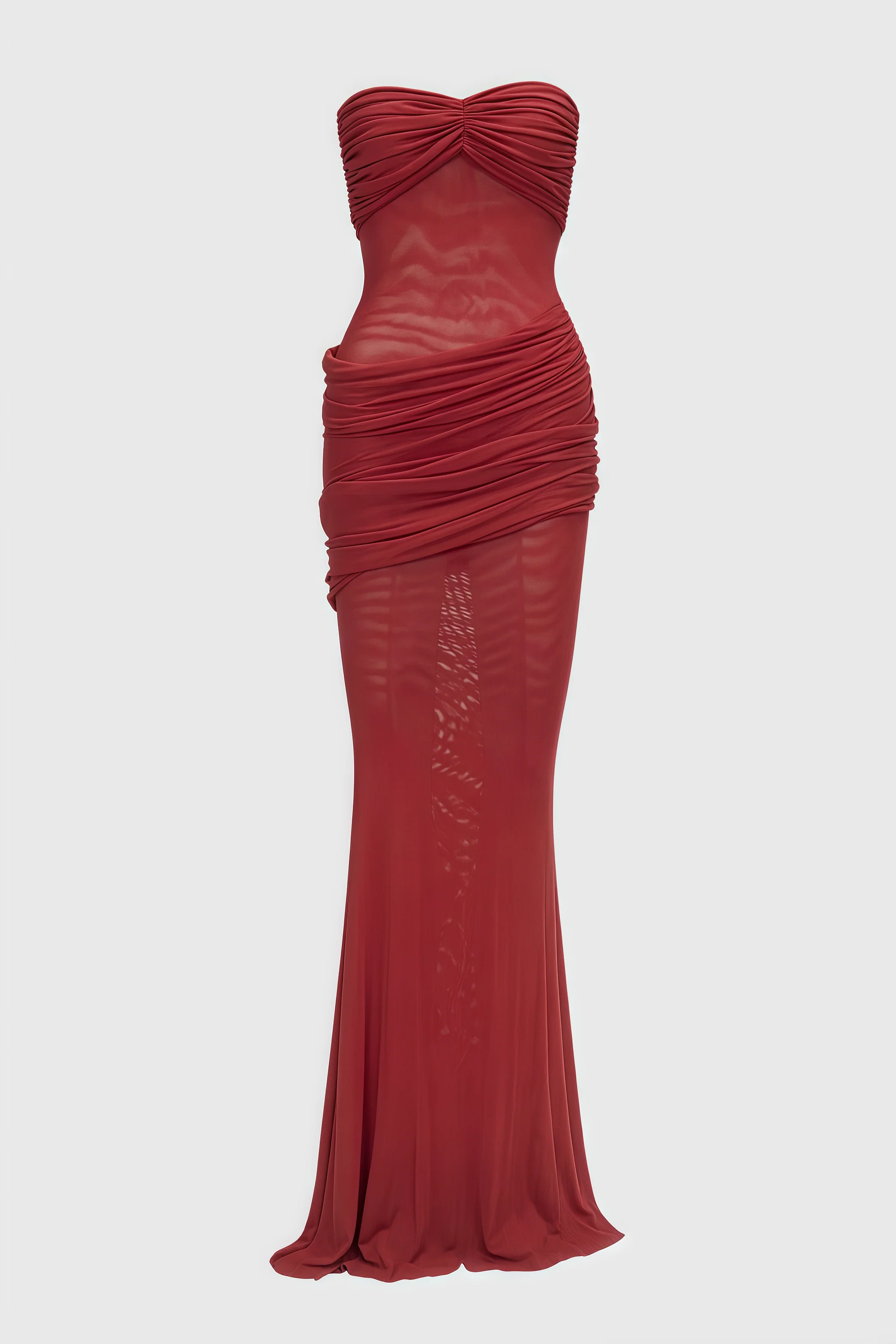 Nydia Red Strapless Sheer Mesh Maxi Dress