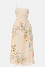 Cabo Sunsets Floral Print Petal Trim Back Lace-up Midi Dress