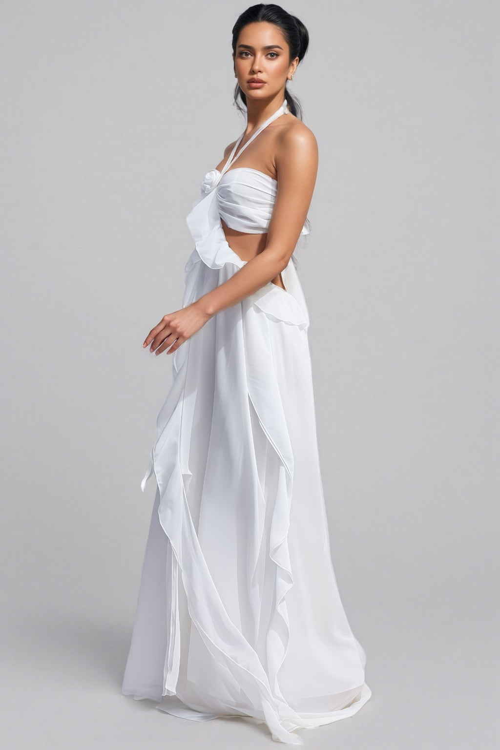 Erika Halter Cut-Out Ruffle Maxi Dress