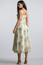 Caelu Floral Print Sweetheart Midi Dress