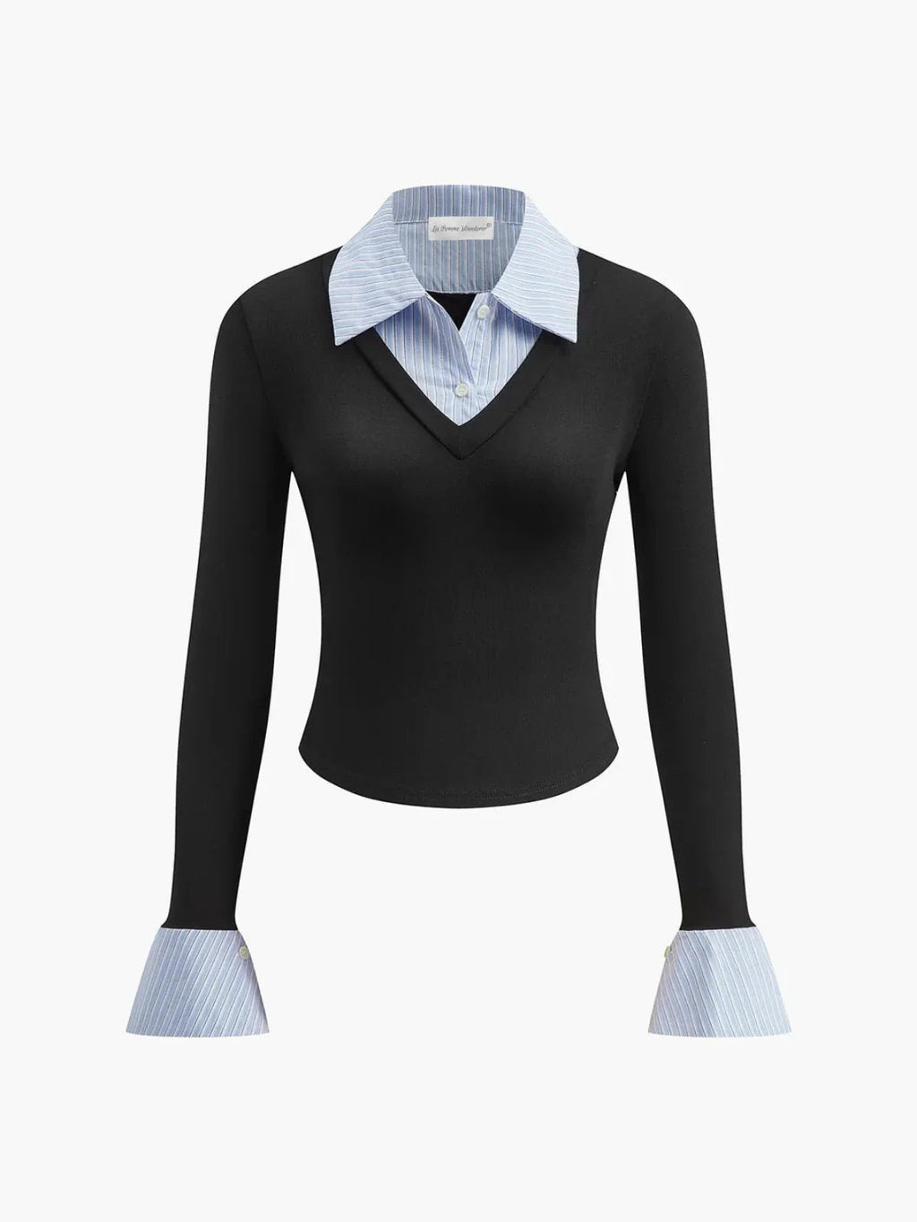 Layered Contrast-Collar Knit Top with Shirt Detail