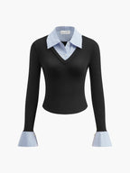 Layered Contrast-Collar Knit Top with Shirt Detail
