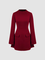 High Neck Solid Long Sleeve Mini Dress
