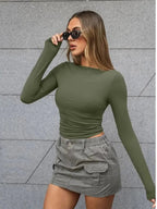 Slim Long-sleeved Solid Round Neck Top