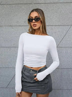 Slim Long-sleeved Solid Round Neck Top