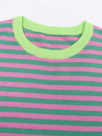 Contrast Color Round Neck Striped Knitted Top