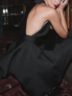 Satin Knotted Double Pockets Open Back Pleated Mini Dress