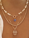 Pearl & Hamsa Hand Multi-Layer Necklace Set