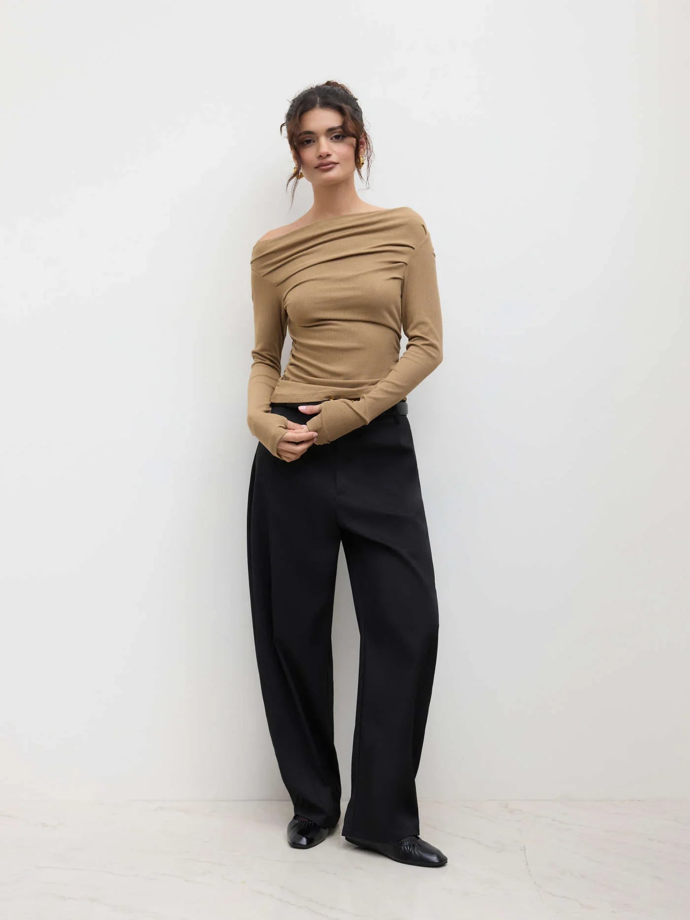 Solid Asymmetrical Neck Long Sleeve Top