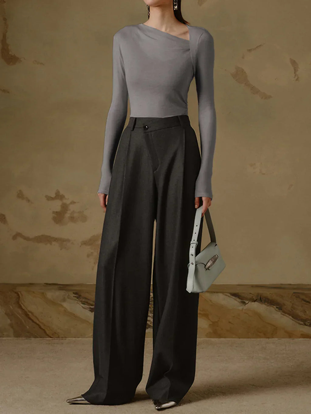 Ribbed Knit Long Sleeve Asymmetric Shirt