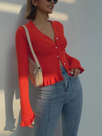 Retro Ruffled Trim Pearl Button Long Sleeve Cardigan
