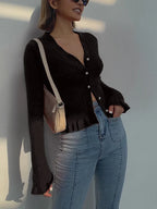 Retro Ruffled Trim Pearl Button Long Sleeve Cardigan