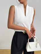 Solid Color Slim-Fit Textured V-Neck Sleeveless Top