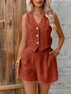 Linen Single-Breasted Button Vest And Shorts Set