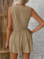 Linen Single-Breasted Button Vest And Shorts Set
