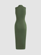 Sleeveless Round Neck Pleated Slit Dress