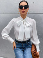 French Style Tie Neck Puff Sleeve Satin Blouse