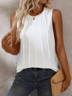 Solid Color Round-Neck Pleated Casual Tank Top