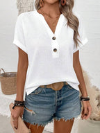 Batwing Sleeve Solid Color V-neck Button Top