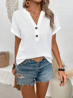 Batwing Sleeve Solid Color V-neck Button Top