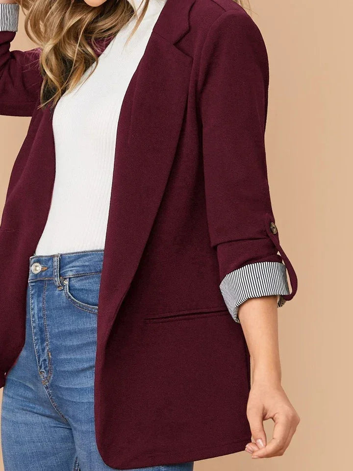 Lapel Notch Collar Roll Tab Sleeve Blazer