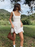 Semi-Sheer Solid Square Neckline Short Dress