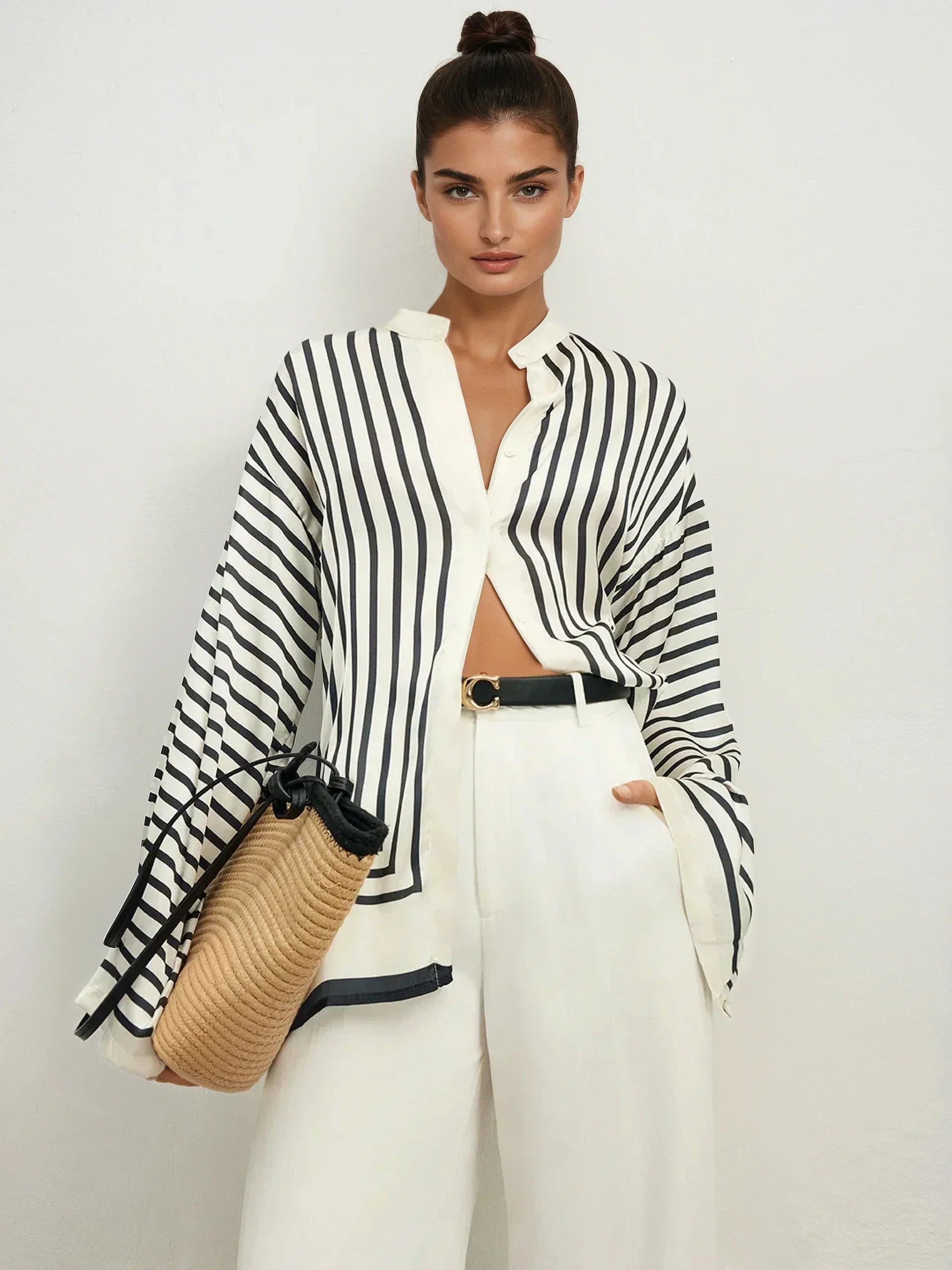 Round Neck Striped Oversized Button-Up Blouse