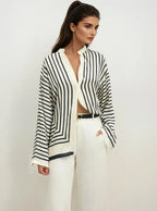 Round Neck Striped Oversized Button-Up Blouse