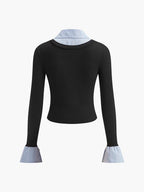 Layered Contrast-Collar Knit Top with Shirt Detail