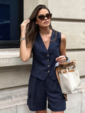 Deep Navy Cotton Casual Tailored Pockets Shorts Set