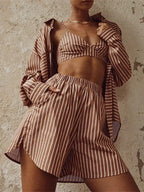 Single-breasted Long Sleeve Lapel Stripe Three Piece Shorts Set