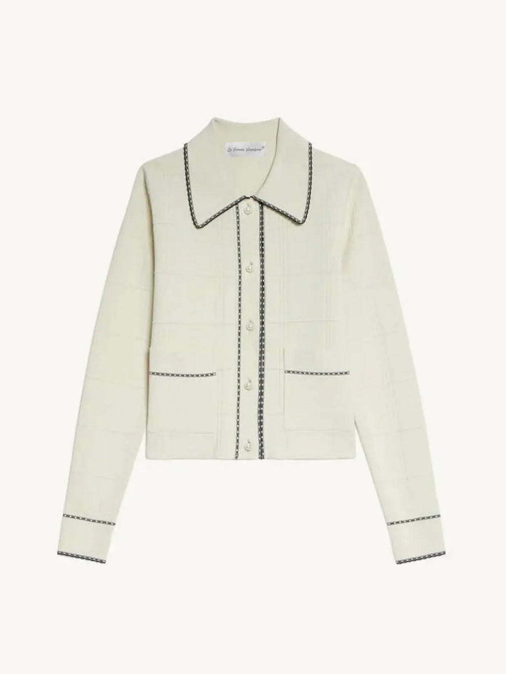 Exquisite Pearl Button Check Lace Knitted Cardigan