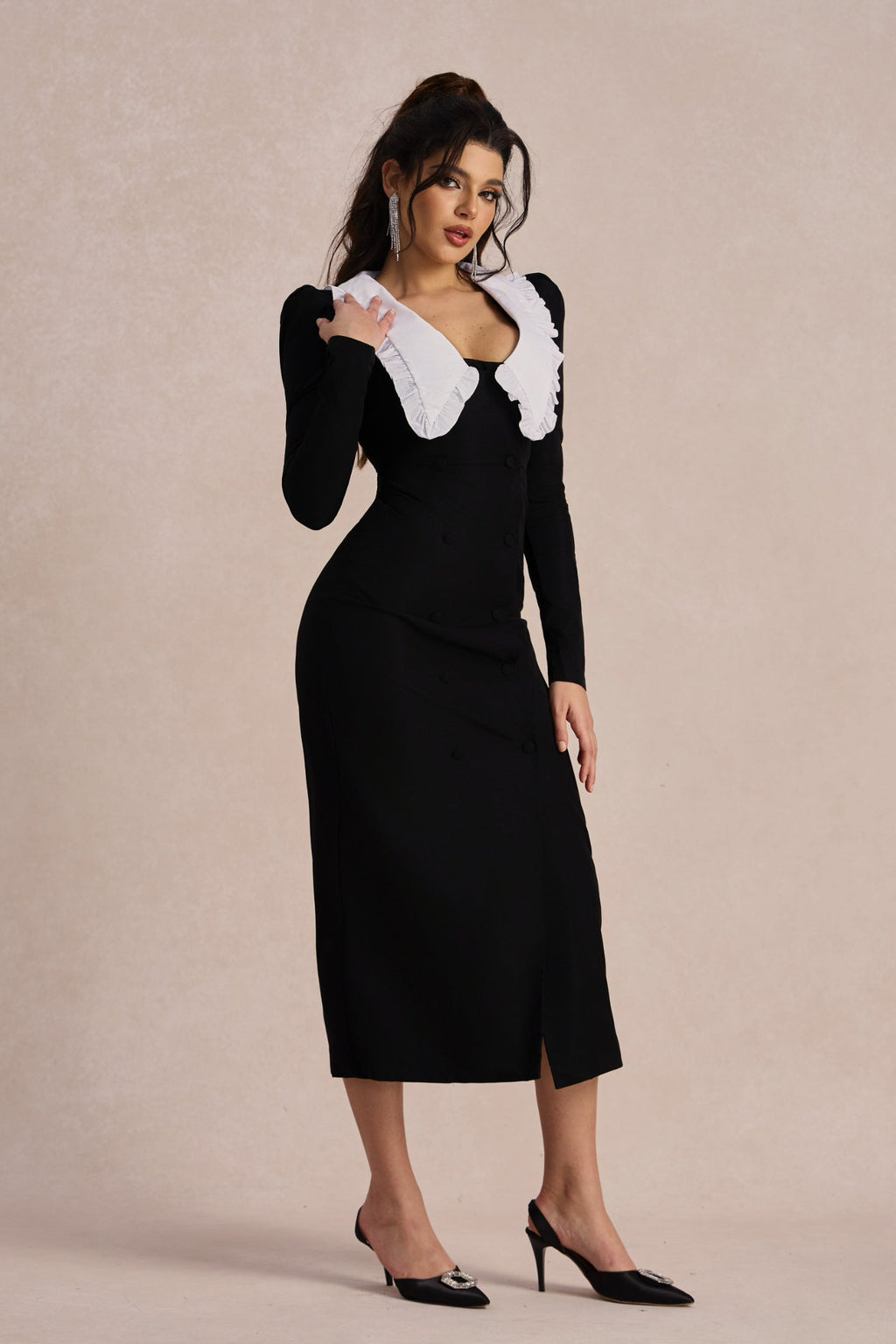 Kathy Peter Pan Collar V neck Midi Dress