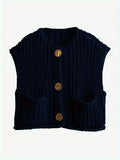 Pocket Sleeveless Short Knitted Cardigan Vest
