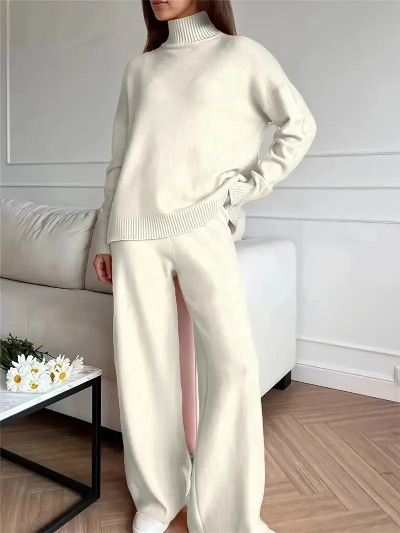 Solid Color Turtleneck Knitting Matching Set
