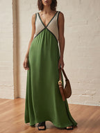 Splicing Chic V - neck Contrasting Color Dress