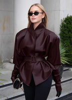 Bordeaux Faux Leather Belted Jacket – Structured Fit