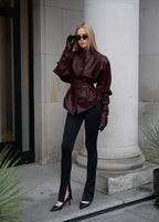 Bordeaux Faux Leather Belted Jacket – Structured Fit
