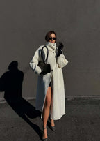 Women’s White Long Wool-Blend Coat with High Collar