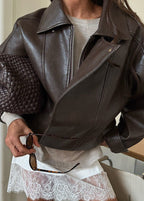 Brown Faux Leather Belted Jacket – Structured Fit Women’s Statement Outerwear