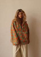Floral Sherpa Half-Zip Pullover Jacket – Cozy Oversized Fleece Top