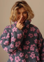 Floral Sherpa Half-Zip Pullover Jacket – Cozy Oversized Fleece Top