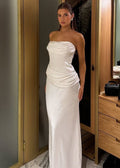 Ivory Draped Strapless Satin Maxi Dress